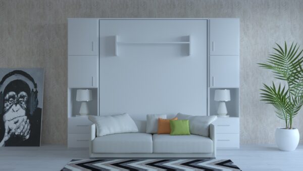 WALLBED WITH SIDE AND INSIDE STORAGE WITH SOFA WHITE CLOSED The Space Saving Furniture Store
